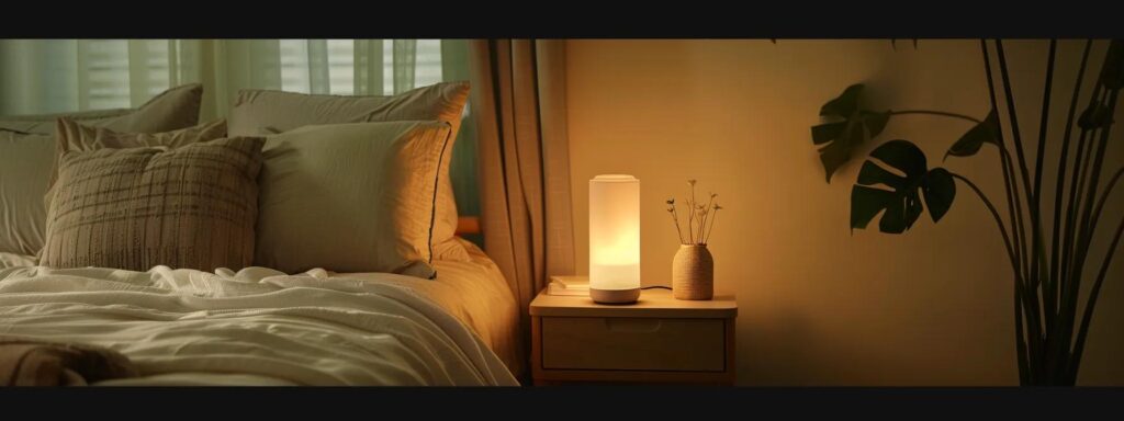 a serene bedroom scene bathed in soft, warm light showcases an elegant oral appliance resting on a pristine nightstand, symbolizing the transformative power of oral appliance therapy for restful sleep.