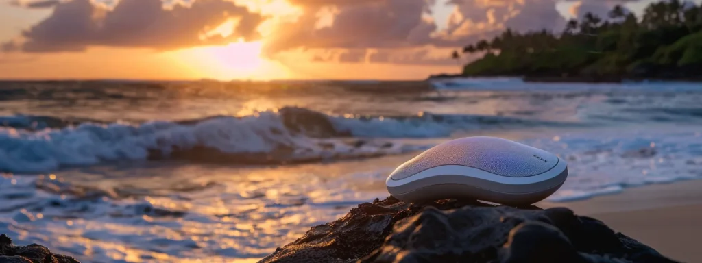 a modern sleep apnea device elegantly rests against a backdrop of serene hawaiian waves, portraying a contrast between innovative technology and traditional methods for restful nights.