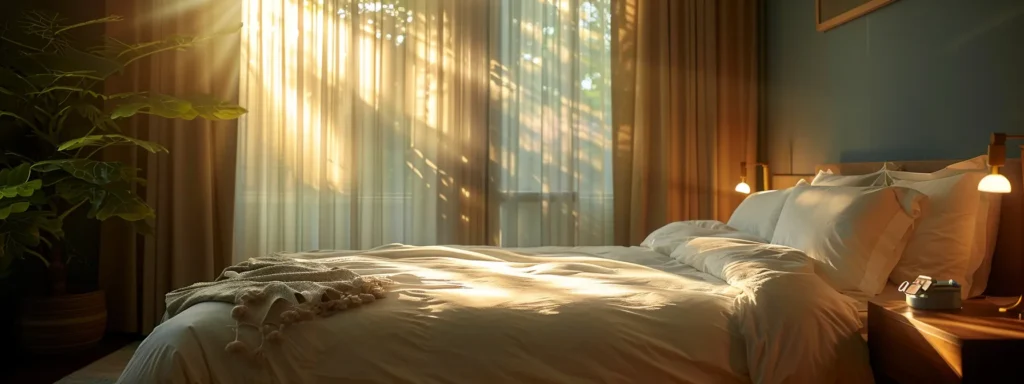 a serene bedroom in honolulu bathed in soft morning light, featuring a peaceful sleeping couple, with a visible device on the bedside table designed for snoring relief, evoking tranquility and comfort.