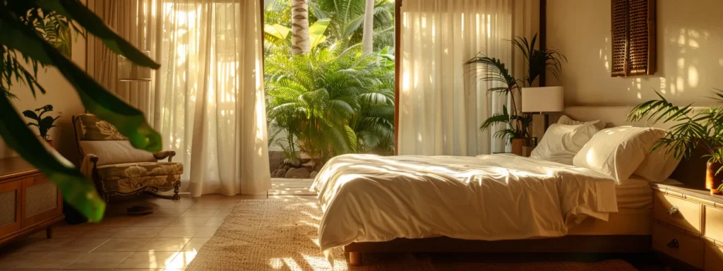 a serene bedroom setting bathed in soft morning light, featuring an inviting plush bed surrounded by tropical décor, symbolizing restful sleep and effective snoring treatments in honolulu.